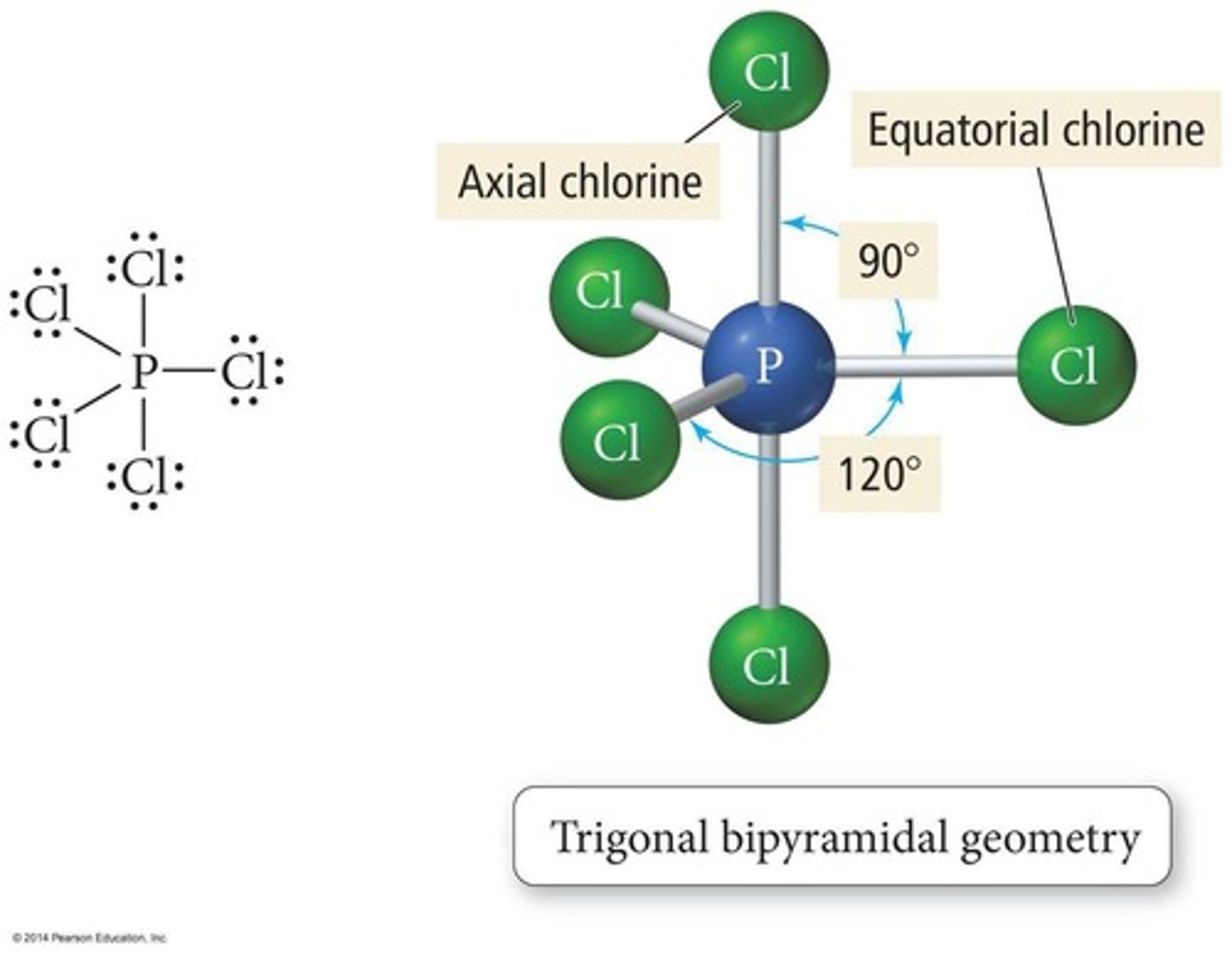 <p>Five bonded atoms, 90° and 120° angles.</p>