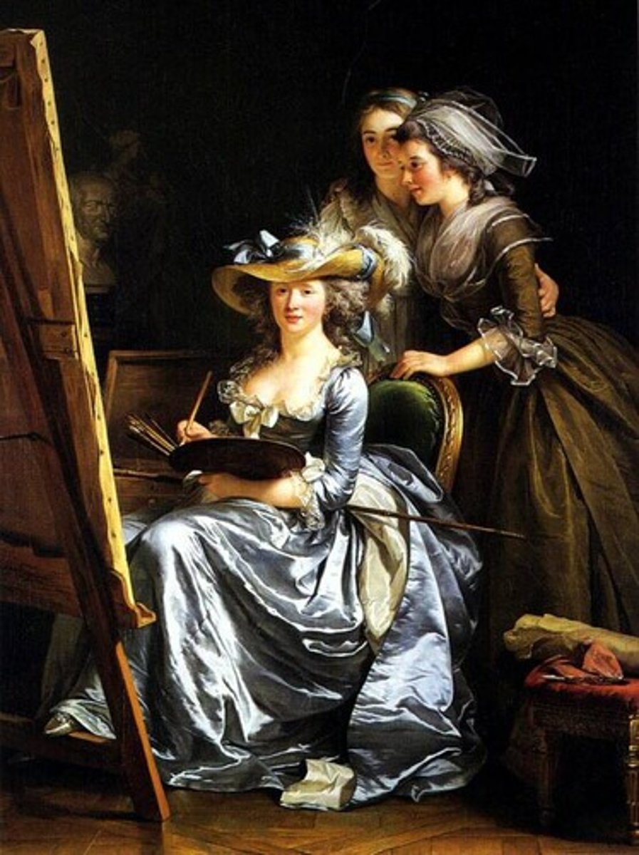 <p>Context: Exhibited at the 1785 Salon as a "manifesto" to argue for the inclusion of women artists.</p><p>Description: Labille-Guiard paints herself in elegant, fashionable clothing, asserting her status as a professional, alongside her pupils Marie Gabrielle Capet and Marie Marguerite Carreaux de Rosemond.</p><p>Significance: It promotes women's mentorship, the validity of women's art education, and challenges the male-dominated Salon.</p>