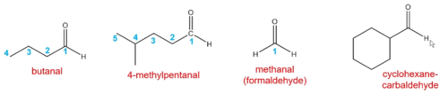 <p>follow rules for alkanes except:</p><p>-the parent chain is the longest chain that contains the aldehyde</p><p>-number the parent chain in the direction that gives the smallest number to the aldehyde carbon</p><p>-replace the "e" in the alkane name with the suffix "al"</p>