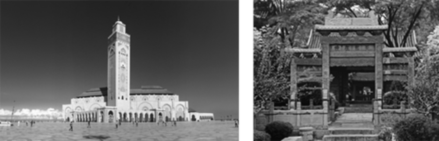 <p>Islam diffused hierarchically to the west through conquest and to the east through relocation via missionaries along trade routes.</p><p>Why? The images show mosques in Morocco and China. The presence of mosques in both Morocco and China represents the diffusion of Islam from its hearth in present-day Saudi Arabia to regions east and west of the Middle East. Islam diffused hierarchically to regions west of the Middle East through conquest and to the east through relocation via missionaries along trade routes into South, East, and Southeast Asia.</p>