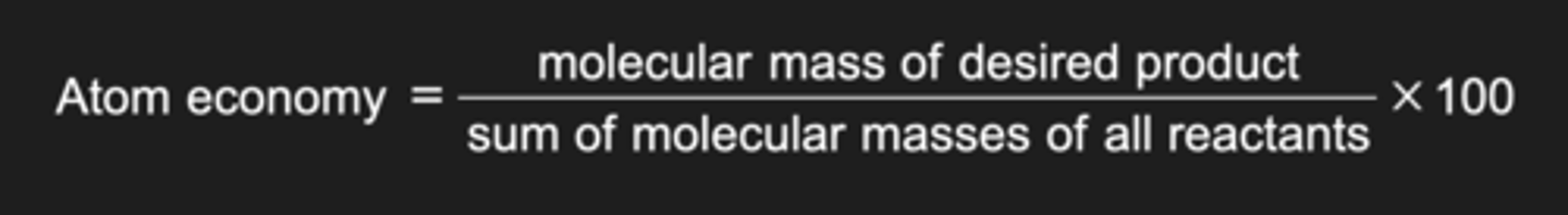 <p>The atom economy of a reaction shows how many of the atoms used in the reaction become the desired product</p><p>- The rest of the atoms or mass is wasted</p><p>It is found directly from the balanced equation by calculating the Mr of the desired product</p><p>In addition reactions, the atom economy will always be 100%, because all of the atoms are used to make the desired product</p><p>- Whenever there is only one product, the atom economy will always be 100%</p><p>The atom economy could also be calculated using mass, instead or Mr</p>