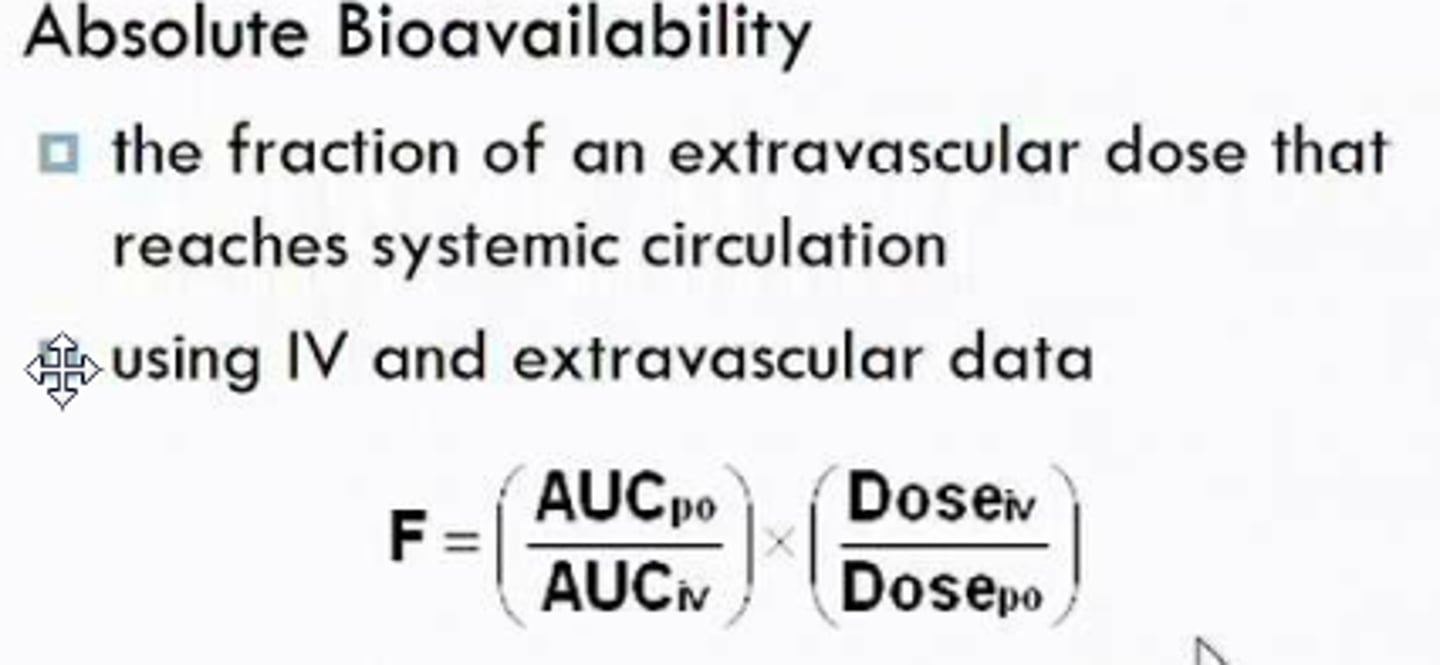 <p>fraction of drug absorbed through non IV compared to IV (which is 100% bioavailable)</p>