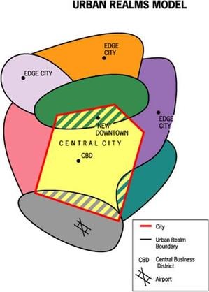 <p>Major city surrounded by overlapping edge cities (“Dowtown” may change)</p><p>Ex: LA</p>