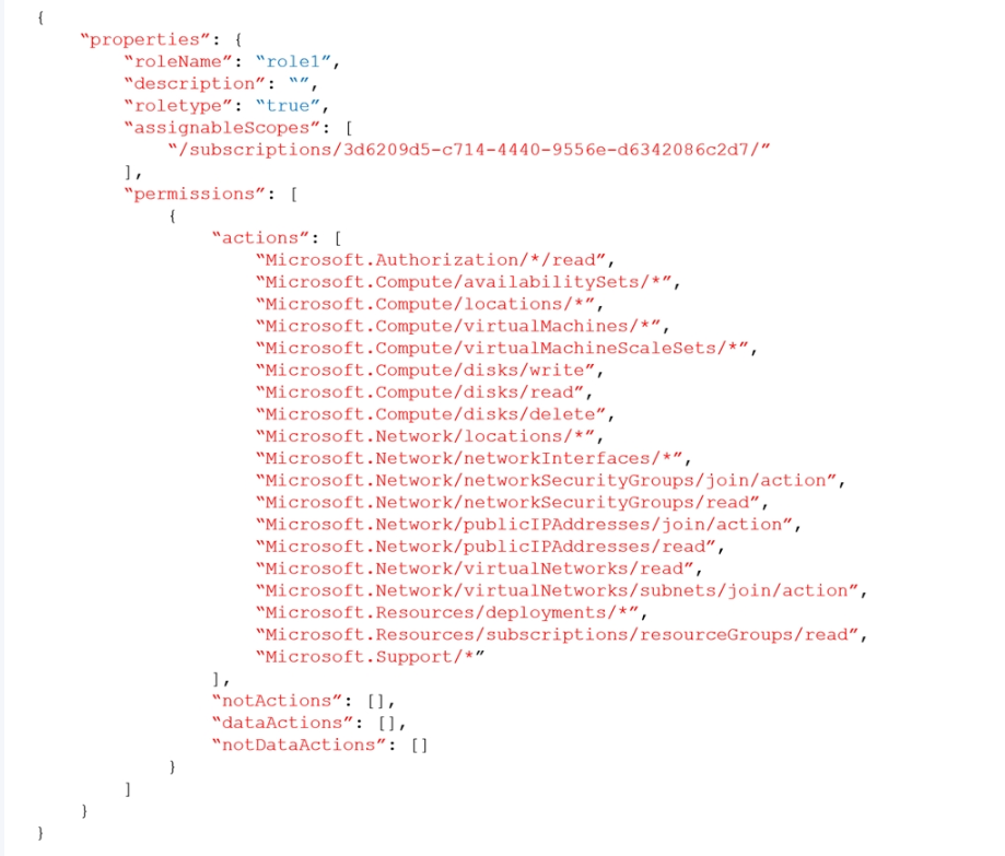 <p>You configure the custom role shown in the following exhibit.<br></p><p>Use the drop-down menus to select the answer choice that completes each statement based on the information presented in the graphic.<br></p><p>To ensure that users can sign in to virtual machines that are assigned role1, modify the <strong>[answer choice]</strong> section</p><p>actions</p><p>roletype</p><p>notActions</p><p>dataActions</p><p>notDataActions</p><p>assignableScopes</p><p></p><p>To ensure that role1 can only be assigned only to a resource group named RG1, modify the <strong>[answer choice]</strong> section</p><p>actions</p><p>roletype</p><p>notActions</p><p>dataActions</p><p>notDataActions</p><p>assignableScopes</p>