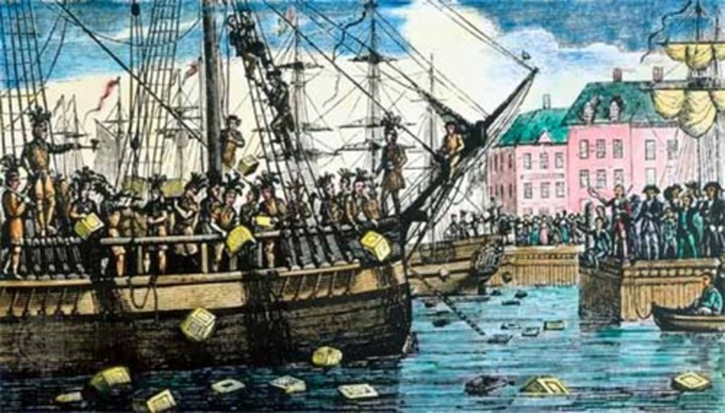 <p>colonists angry over tax on tea protested by throwing the tea into the harbor</p>