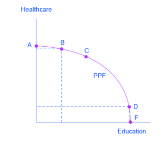<p>How could opportunity cost be seen in this PPF?</p>