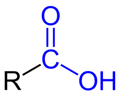 <ul><li><p>has both a Hydroxyl group (OH) which is attached to the carbon atom of a Carbonyl (C=O) group, resulting in new properties.</p></li><li><p>is presented as R -COOH, where R represents the hydrocarbon side chain.</p></li><li><p>has to be at the end of the hydrocarbon chain.</p><p></p></li><li><p>are called Carboxylic acids</p></li><li><p>dissociate partially into H<sup>+</sup> and COO<sup>−</sup></p></li><li><p>common in many biological molecules,</p><ul><li><p>i<strong>ncluding amino acids and fatty acids</strong></p></li></ul></li></ul><p></p><ul><li><p>ending of “noic” in in the name of compounds indicates a carboxylic acid.</p><ul><li><p>Examples are</p><ul><li><p>Methanoic acid also known as Formic acid</p></li><li><p>Ethanoic acid also known as Acetic acid.</p></li></ul></li></ul></li></ul><p></p>