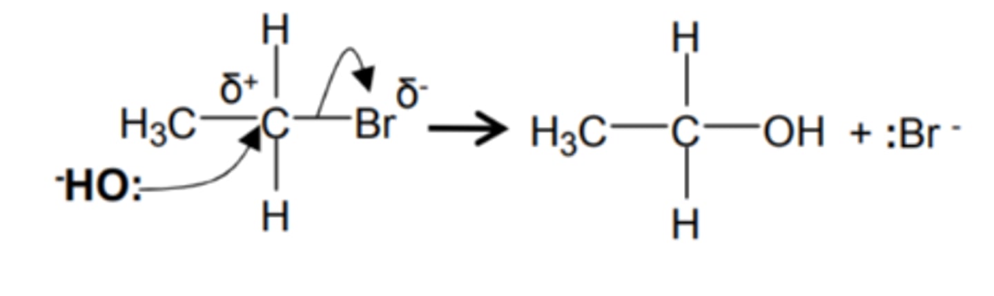 <p>[Nucleophilic substitution]</p><p>Warm NaOH(aq), reflux</p>