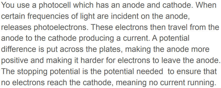 <p>Stopping potential is the minimum voltage needed to stop the flow of photoelectrons emitted from a metal surface in the photoelectric effect. </p><p>It is measured by applying an electric potential difference that balances the kinetic energy of the emitted electrons. </p>