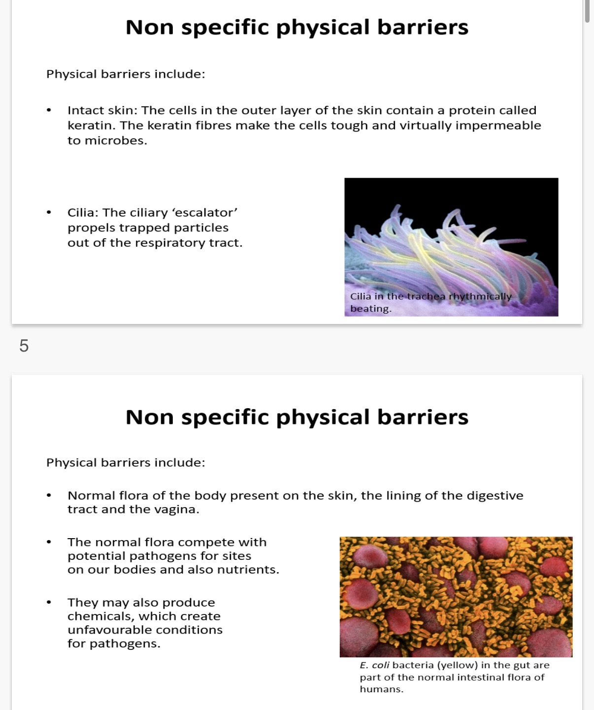 <p>Defending ourselves against microbes:</p><p>The body's defences:</p><p>• Prevent microbes getting into the …1?</p><p>• …2? microbes once they have got in</p><ol start="3"><li><p>The body has three lines of defence against invading micro-organisms. Name them?</p></li></ol><p></p><p>Non specific physical barriers:</p><p>Physical barriers include:</p><p>• Intact skin: The cells in the outer layer of the skin contain a protein called …4?. The keratin …5? make the cells tough and virtually …6? to microbes.</p><p>• Cilia: The ciliary '…7?' propels trapped particles …8? of the respiratory tract</p><p>• Normal …9? of the body present on the skin, the lining of the …10? tract and the ...11?.</p><p>• The normal flora compete with potential pathogens for …12? on our bodies and also …13?.</p><p>• They may also produce …14?, which create unfavourable conditions for pathogens.</p><p></p><p></p>