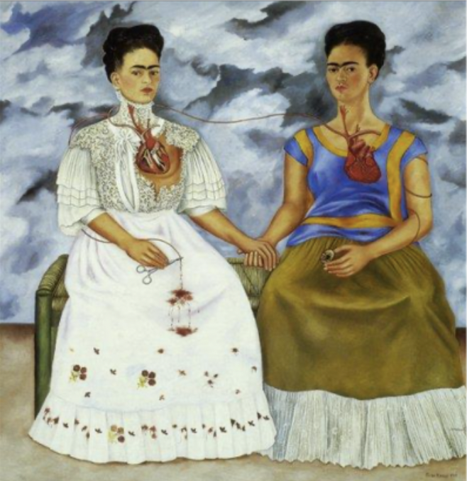 <p>subject: autobiography and identiy of having a german dad and mexican mother</p><p>one heart is giving blood to the other, one european and one mexican</p><p>one of the arteries is cut, nod toward her multiple surgeries she had throughout her life</p><p>barren landscape, neutral</p><p>abstract clouds, slightly stormy </p><p>she studied anatomy/slighlty abstract</p>