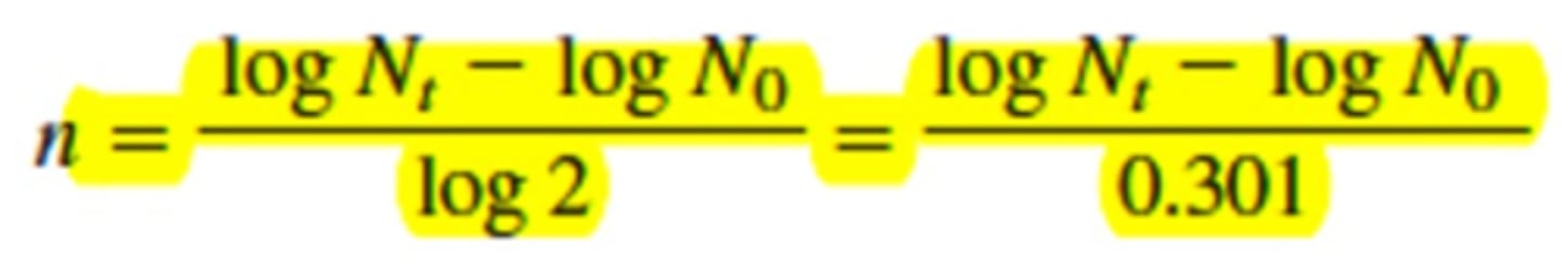 <p>n = log Nt - log N0 / 0.301</p>