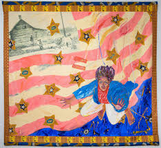 <p>Emma Amos (1938 - 2020) Equals, 1992, cloth, photograph and acrylic on canvas, private collection</p>