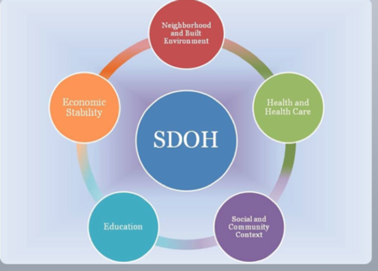 <p>-economic stability</p><p>-education</p><p>-access to healthcare services</p><p>-environment (housing, transportation, neighborhoods, work conditions)</p><p>-social and community support</p>