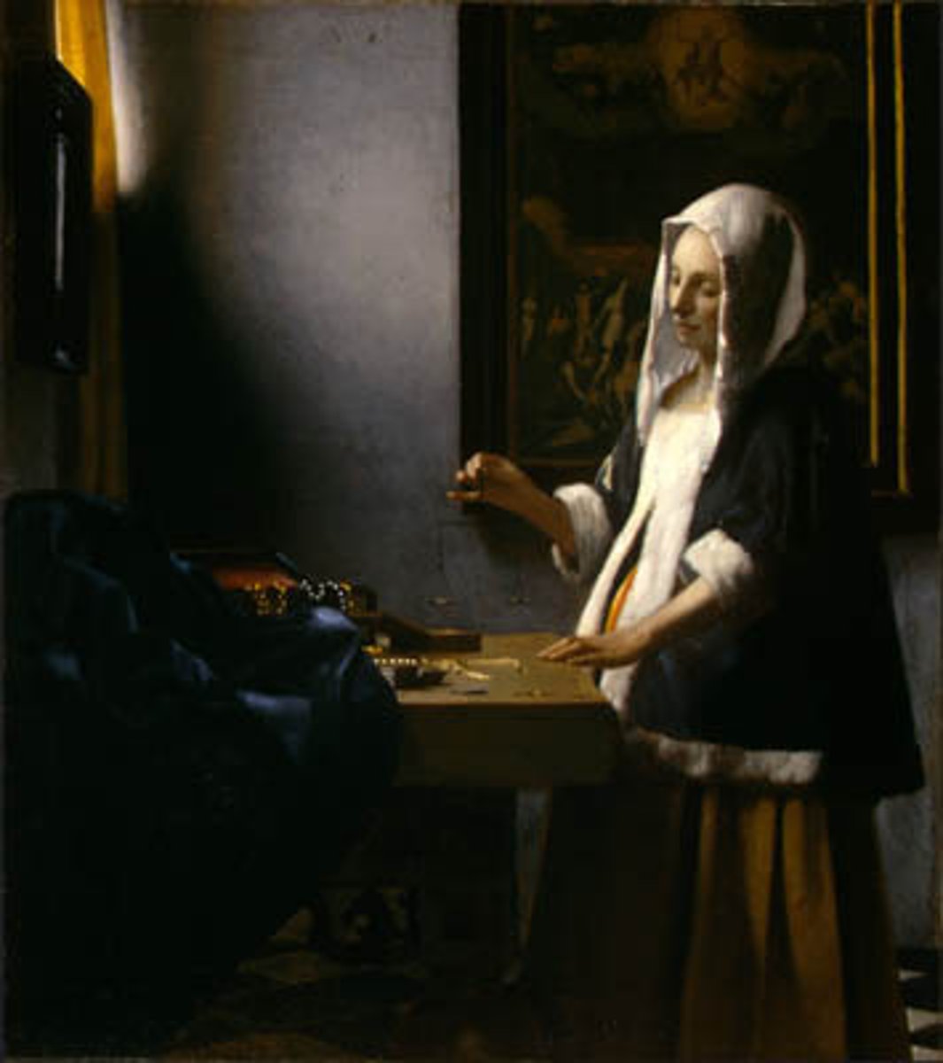 <p>Location: Europe</p><p>Time Period: 1664 C.E</p><p>Artist: Johannes Vermeer</p><p>Material: Oil on canvas</p><p>Facts: The visual juxtaposition of the woman and the Last Judgment is reinforced by thematic parallels: to judge is to weigh. This scene has religious implications that seem related to Saint Ignatius of Loyola's instructions, in his Spiritual Exercises, that the faithful, prior to meditating, first examine their conscience and weigh their sins as if facing Judgment Day. Only such introspection could lead to virtuous choices along the path of life. Woman Holding a Balance thus allegorically urges us to conduct our lives with temperance and moderation. The woman is poised between the earthly treasures of gold and pearls and a visual reminder of the eternal consequences of her actions.</p>