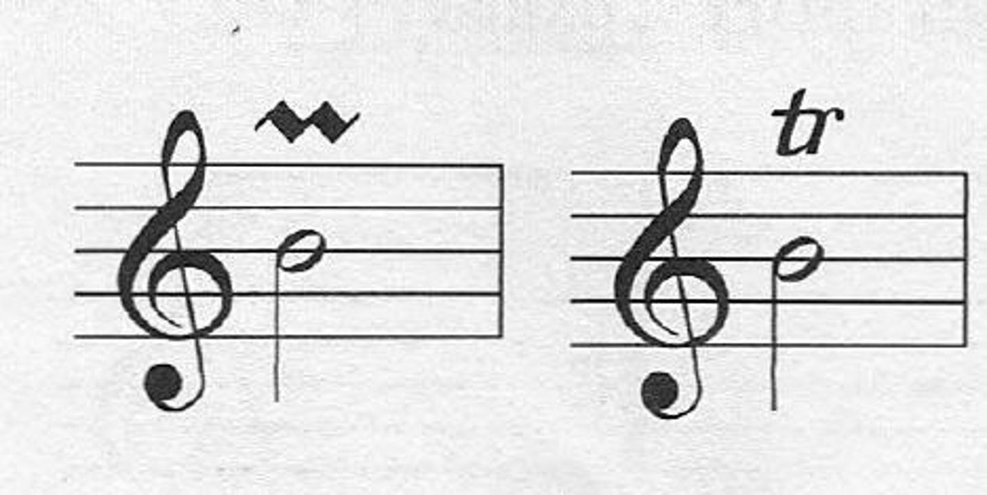 <p>An ornament that consists of a rapid alternation of a note a semitone or tone above the written note.</p>