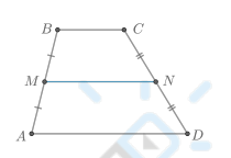 <p>Средняя линия трапеции — отрезок, соединяющий середины боковых сторон трапеции. </p><blockquote><p>Она параллельна основаниям трапеции </p><p>и </p><p>равна их полусумме:</p><p> MN = 1 / 2 * (AD + BC)</p></blockquote>