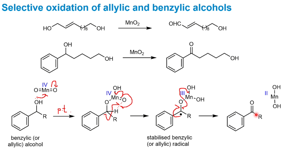 <p>Using MnO<sub>2</sub> a radical is formed and the reaction only proceeds with allylic or benzylic stabilisation next to the OH, hence the other alcohols are untouched.</p>