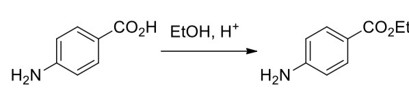 <p>4-aminobenzoic acid —> ethyl 4-aminobenzoate (benzocaine)</p><ul><li><p><mark data-color="green" style="background-color: green; color: inherit;">Acid-catalysed (Fischer) esterication</mark> of the <strong>carboxyl group</strong> using <mark data-color="yellow" style="background-color: yellow; color: inherit;">ethanol</mark></p></li></ul><p></p>