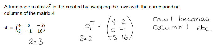 <p><span style="font-size: calc(var(--scale-factor)*12.34px)">A transpose matrix 𝐴</span><span style="font-size: calc(var(--scale-factor)*8.76px)">𝑇 </span><span style="font-size: calc(var(--scale-factor)*12.34px)">is the created by swapping the rows with the corresponding</span><br><span style="font-size: calc(var(--scale-factor)*12.34px)">columns of the matrix 𝐴</span></p>