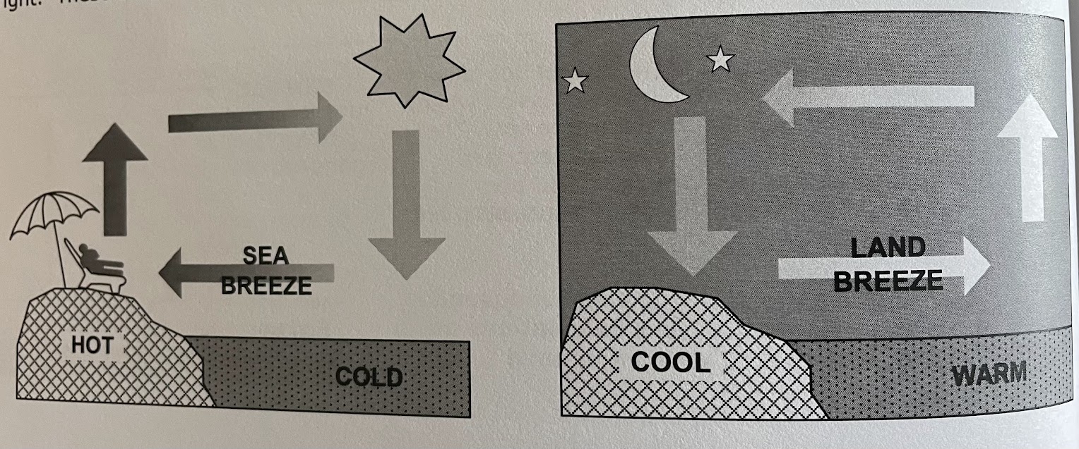 <p>sea breezes:</p><p>arise during the day because land masses warm up and much more rapidly than adjoining water masses. as land warms, it warms the air in contact causing the air density to drop. the lower density air is more buoyont than the surrounding air and thus rises. As the warmed air rises, its place is taken by the cooler air from over the eater setting up a circulation pattern.</p><p>land breezes:</p><p>at night land will cool off more rapidly than water. This cools the air in contact with it, increasing its density and causing it to sink. these are known as land breezes and are usually more gentle than sea breezes</p>