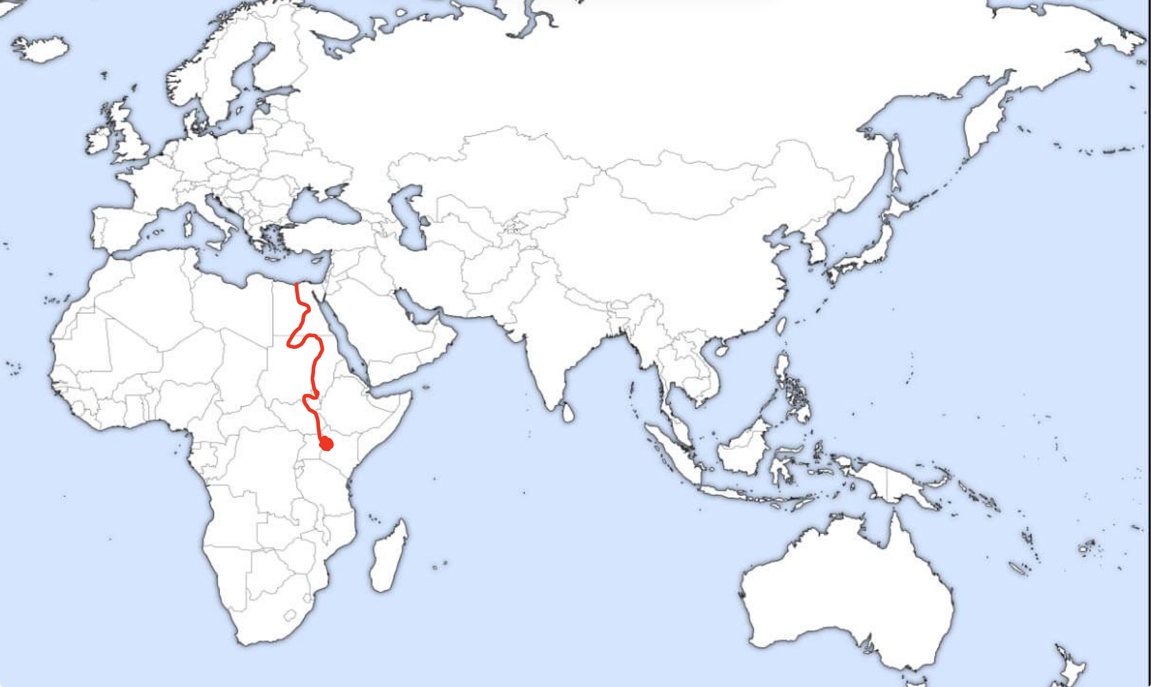 <p>Runs almost directly down(with a could curves) the east side of Africa</p>
