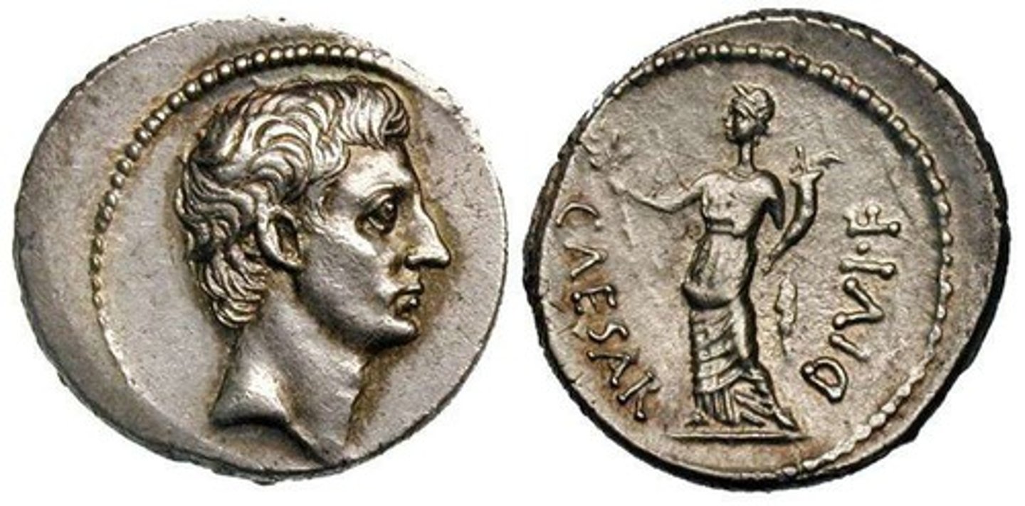 <p>- Denarius, common currency</p><p>- Pax holding the cornucopia and the olive branch</p><p>- bareheaded Octavian, now synonymous with peace and abundance, senate just declared war on Cleopatra</p><p>- Octavian as DIVIF, legitimate and approved by gods</p><p>- Zanker says 'model of clarity' an attractive coin, draws attention</p>