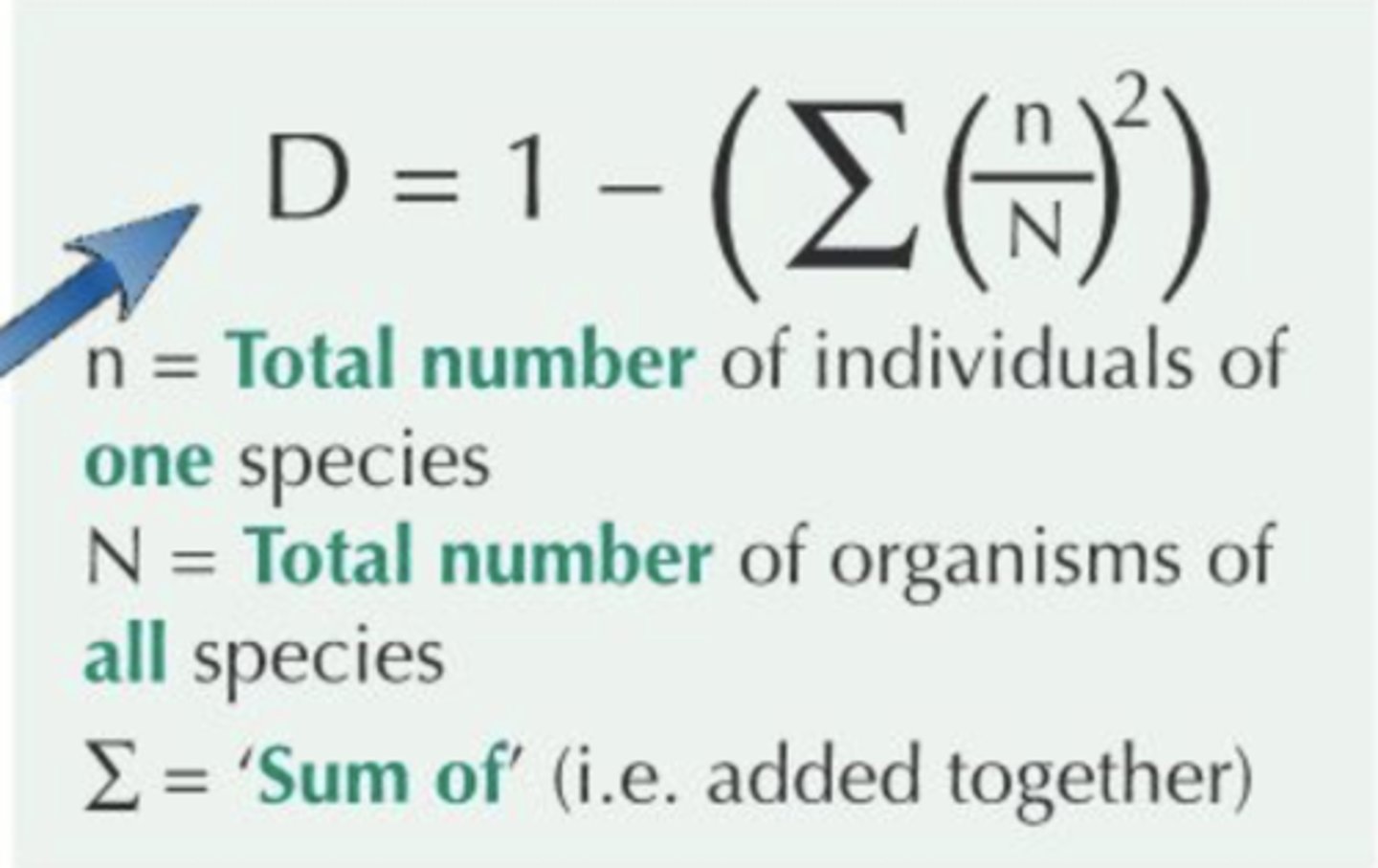 <p>- measures species diversity.</p><p>- always a value between 0 and 1.</p><p>- closer index is to 1, more diverse the habitat and greater its ability to adapt to change.</p><p>- greater the species richness/evenness = higher the value of Simpson's Index.</p>