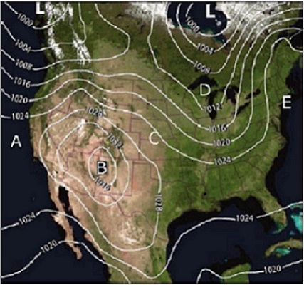 What location on this map is closest to an area of relatively high pressure?