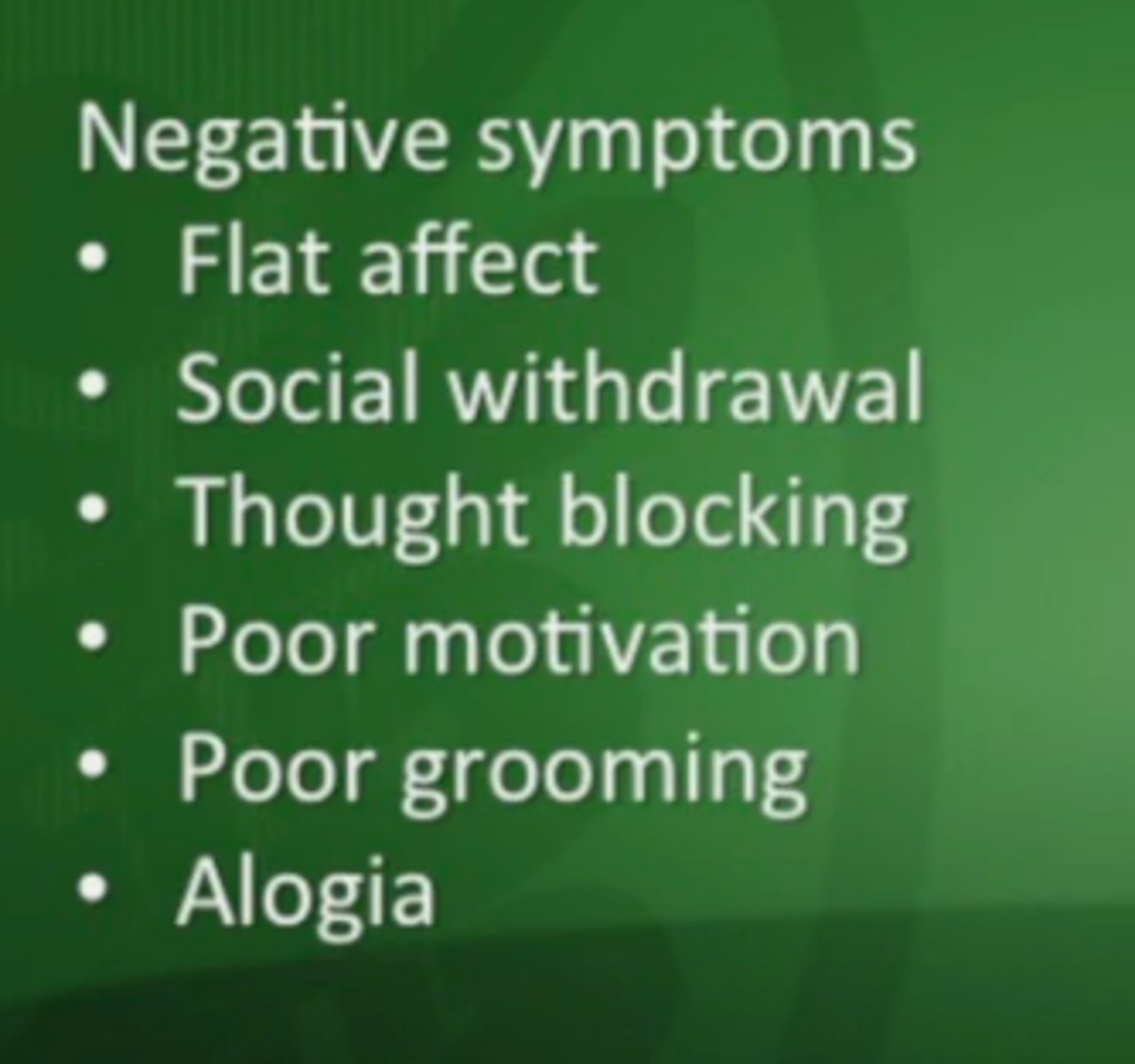 <p>on the schizophrenic spectrum, these are symptoms that involve a decrease or absence of normal behaviors (e.g., the lack of movement or emotional expression)</p>