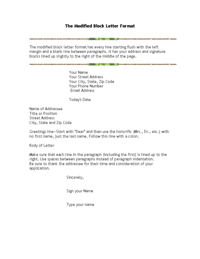 <p>Senders address is left justified, when no letterhead and inside address, along with all other elements </p><p>date, closing, and signature block are right justified or at center point </p>