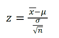 <p>z = (x̄ -μ) / σx̄</p><ul><li><p>σx̄ = σ / √N</p><ul><li><p>σx̄: population standard error of the mean</p></li></ul></li></ul><p></p>