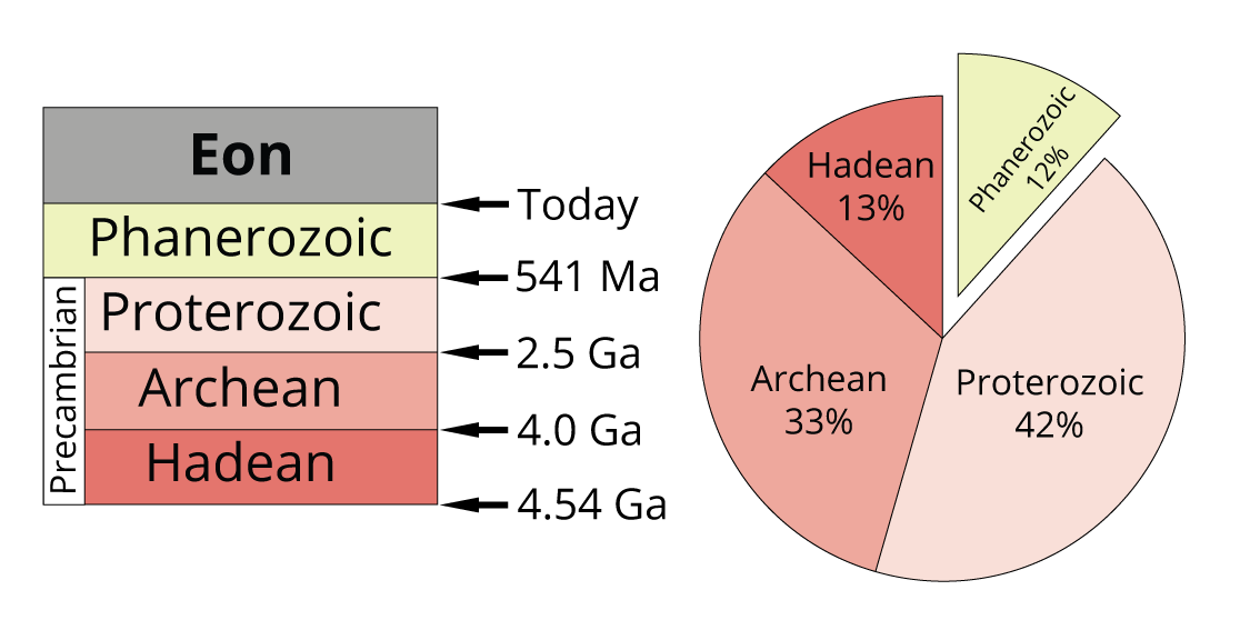 <ol><li><p>Hadean</p></li><li><p>Archean</p></li><li><p>Proterozoic</p></li><li><p>Phanerozoic</p></li></ol><p></p>