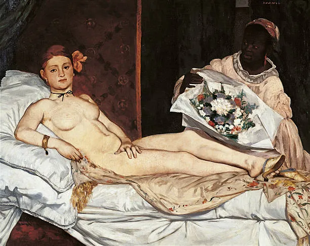 <ul><li><p><strong>ID:</strong> Édouard Manet, 1863 CE, Oil on canvas, France</p></li><li><p><strong>Content:</strong> A nude woman (a courtesan) reclines on a bed, confidently staring at the viewer.</p></li><li><p><strong>Function:</strong> Challenges traditional depictions of the nude by presenting a modern, confrontational woman.</p></li><li><p><strong>Context:</strong> Inspired by <em>Venus of Urbino</em> but with a contemporary twist; scandalous when first exhibited.</p></li><li><p><strong>Form:</strong> Flat, unblended brushwork; harsh lighting emphasizes her stark presence.</p></li></ul><p></p>