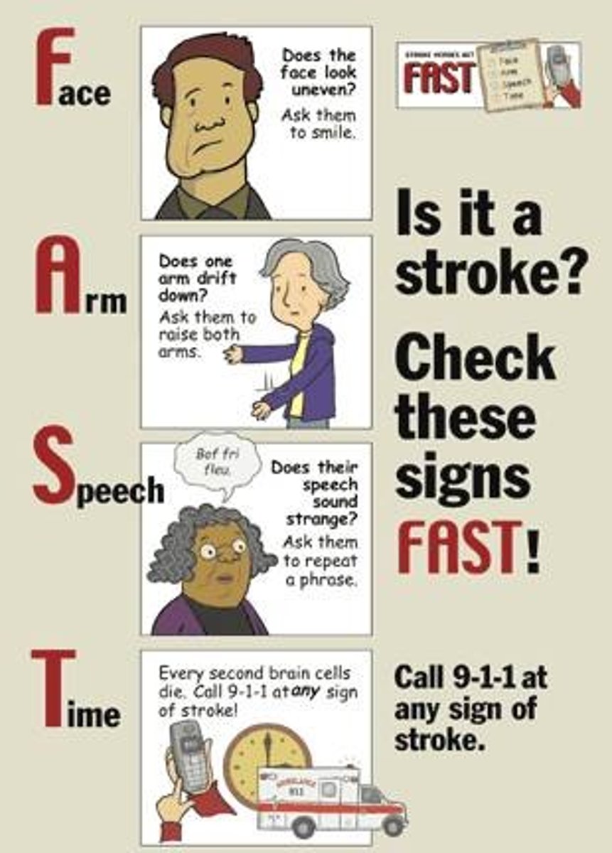 <p>5th leading cause of death</p><p>- minimal or life threatening</p><p>- greatest risk factor: hypertension</p>