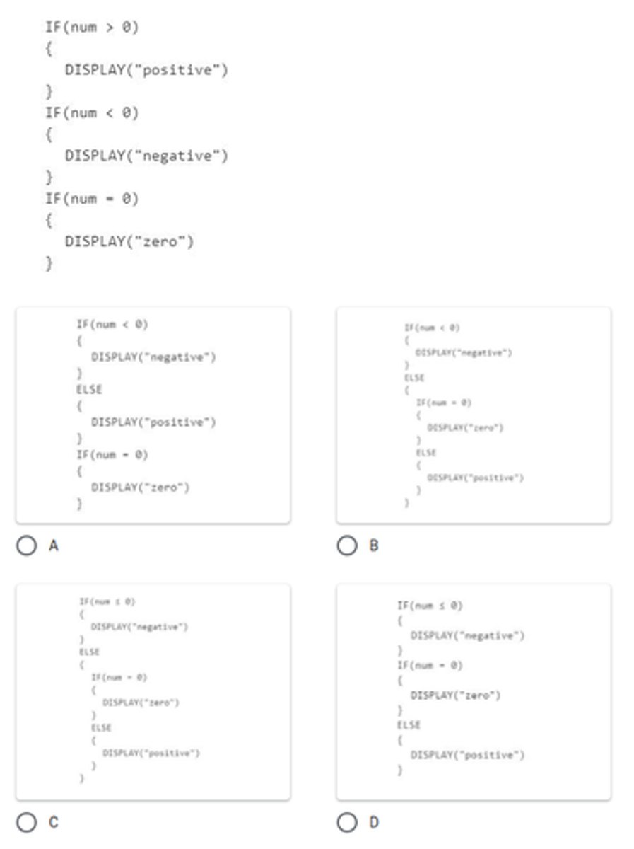 <p>Consider the following code segment with an integer variable num. Which of the following code segments is equivalent to the code segment above?</p>