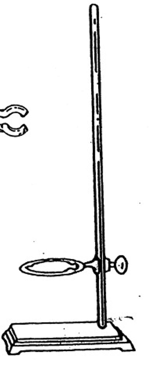 <p>an iron stand on which test tube clamps, burets clamps, and rings may be attached, assists in using Bunsen burner.</p>