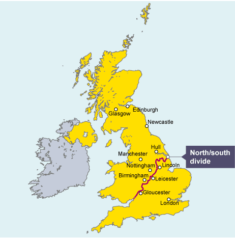 The economic division between the wealthy areas in the South and East of the UK compared to the less well off in the North and West.