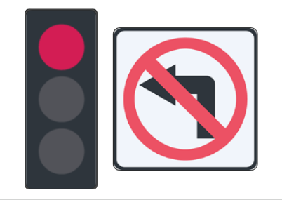 <p>A red traffic light and a “no left turn” sign</p>