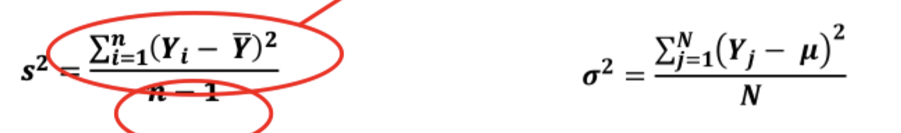 <p>expected squared difference between observations and the mean </p><ul><li><p>estimate = s²</p><ul><li><p>denominator is n-1 for degrees of freedom</p></li></ul></li><li><p>parameter = lowercase sigma²</p><ul><li><p>denominator is just N </p></li></ul></li></ul><p></p>