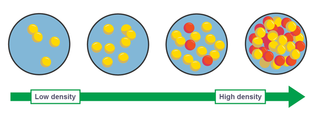 <p>closer together have higher density</p>
