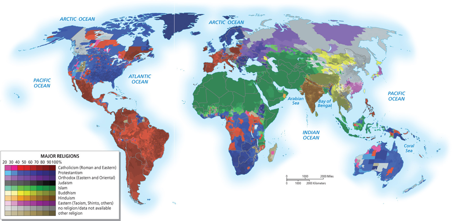 <p>Describe the geographies of Catholicism and Protestantism shown in Figure 1.32. What would explain these ­distinct realms of influence?</p>
