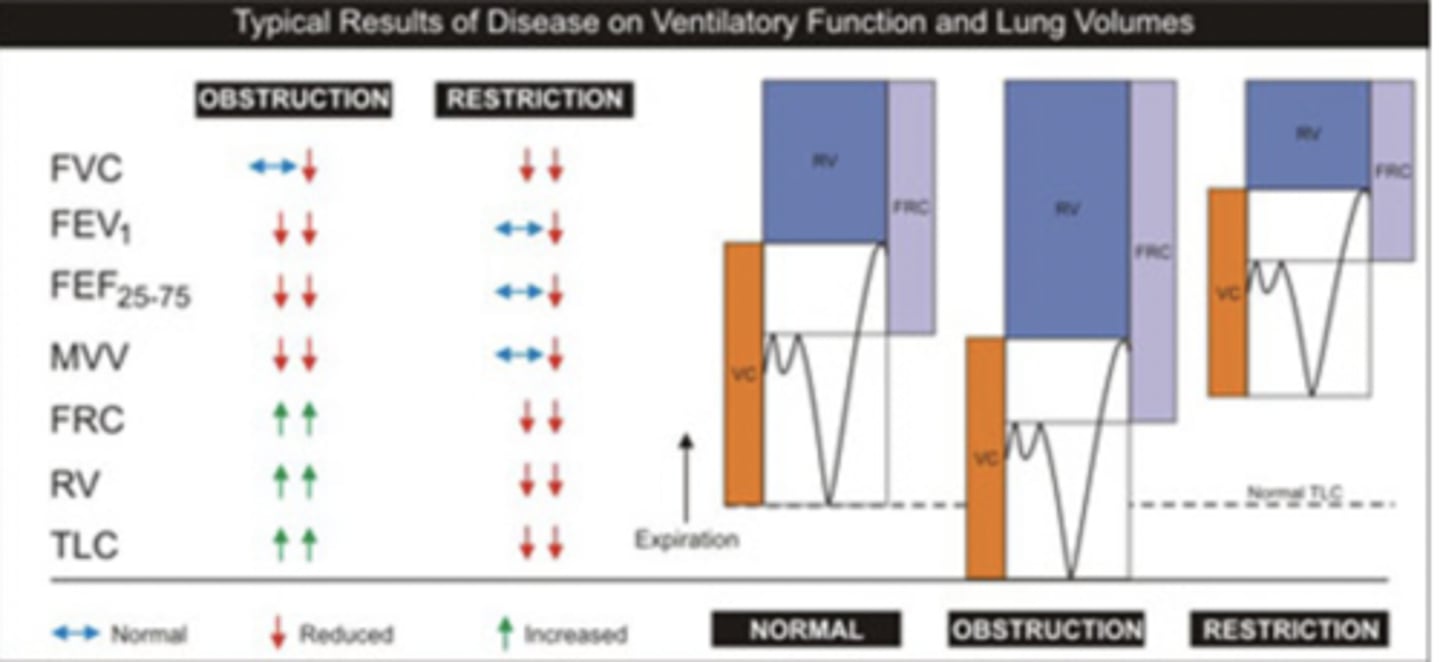 <p>Rationale</p><p>1. Increased residual volume is seen in obstructive lung disease and not in restrictive lung disease (Frownfelter, pp. 139-141). This would not be seen with ascites and would not be present in the patient described.</p><p>2. Increased functional residual capacity is seen in obstructive lung disease and not in restrictive lung disease (Frownfelter, pp. 139-141). This would not be seen with ascites and would not be present in the patient described.</p><p>3. Ascites is a condition where there is increased fluid in the peritoneal cavity, causing distention – abdominal swelling (Moore, p. 233). This distention puts increased pressure upon the diaphragm and thoracic cavity, which may lead to a restrictive lung pattern. Decreased inspiratory reserve volume is a component of restrictive lung disease (Frownfelter, pp. 139-141).</p><p>4. Decreased forced expiratory volume in 1 second (FEV1) is commonly seen in obstructive lung disease, caused by either secretions or bronchospasm (Frownfelter, pp. 139-141). These do not result from ascites and would not be present in the patient described.</p><p>Obstructive Lung Diseases: increased RV, FRC, TLC; decreased FEV1</p><p>Restrictive Lung Diseases: decreased IRV</p>