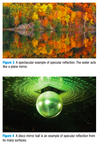 <p>Reflection of light off a smooth, shiny surface (e.g. plane mirror, flat aluminum foil,  water without waves, or disco mirror ball)</p>