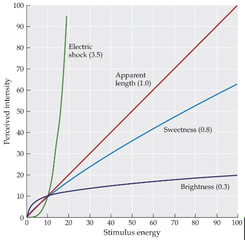 <p>Steven’s Law</p><p>S = k R. That is, psychological intensity ("Sensation") increases as the nth power of stimulus intensity; again, "k" is simply a scaling constant.</p>