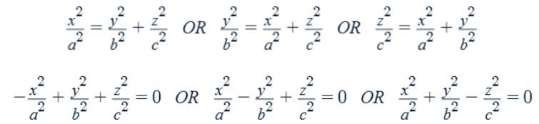 <ul><li><p>The isolated variable is the axis of symmetry.</p></li><li><p>The traces are the same as a hyperboloid of one sheet because the only difference in the equation is that the constant is zero instead of one.</p></li></ul><p></p>