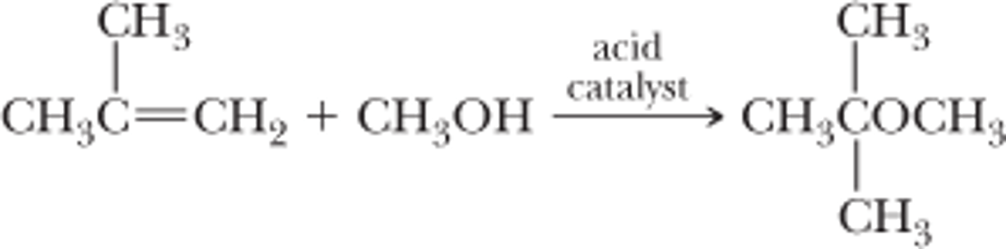 <p>can only be done with alkenes that form stable carbocations and primary alcohols</p><p>alcohol acts as a weak nucleophile to attack the carbonation formed by the alkene via an SN1 mechanism</p><p>requires an acid catalyst</p>