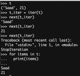 <p>iter gets the iterator from an iterable</p><p>next gets the next element, if it can</p><p>finishes with ‘StopIteration’</p>