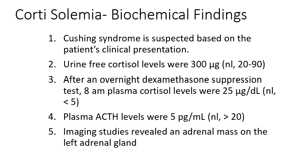 <ol><li><p>The results from Corti are most consistent with an overproduction of THIS from THIS:</p></li><li><p>Why was Corti’s response to the dexamethasone suppression test abnormal?</p><p></p></li></ol><p></p>