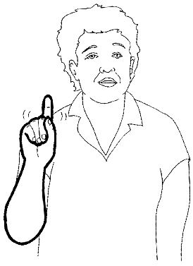 Hold your hand in front of your shoulder
with the index finger extended and wag
your hand from the wrist